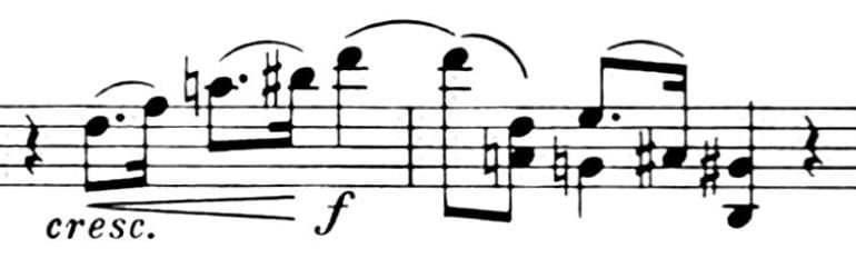 Sheet music excerpt with slurs, accidentals, and crescendo and forte markings